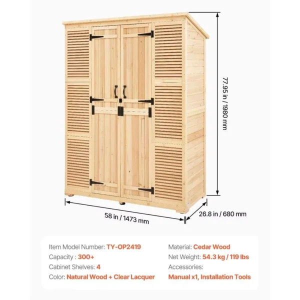 58×78 Inch Waterproof Cedar Wood Outdoor Storage Shed